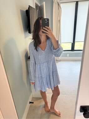 Rails Blue White Striped V-Neck Tiered Mini Dress